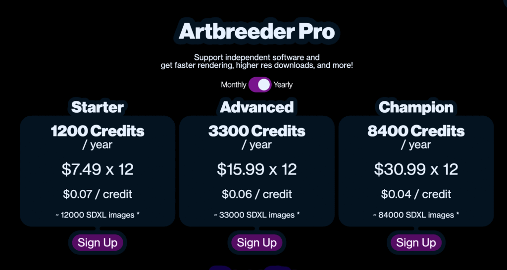 Pricing plan of Artbreeder AI