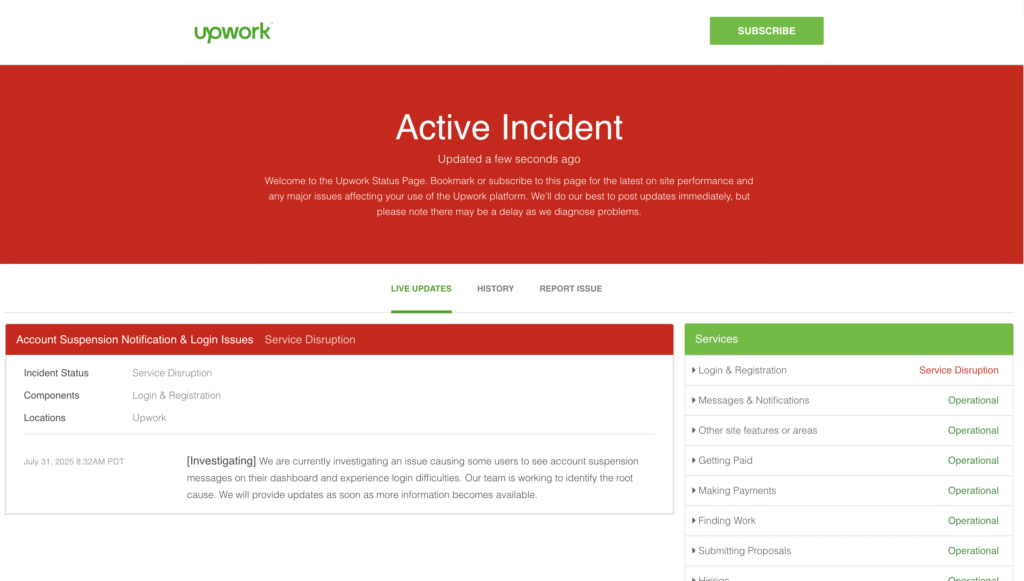 Upwork Server Error 500 
