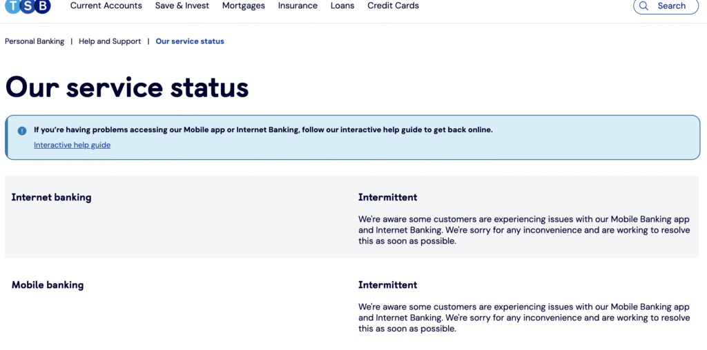 TSB service has gone offline for few hours