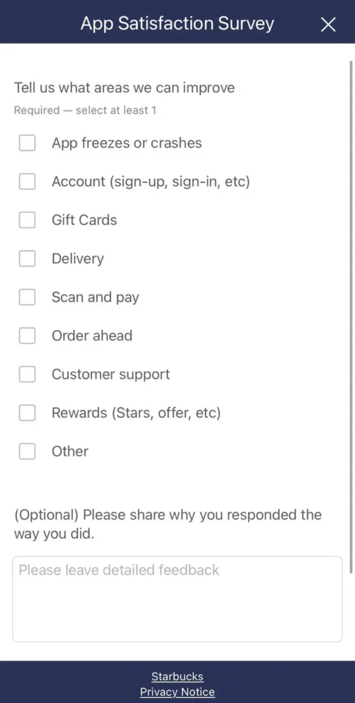 Starbucks app survey not working